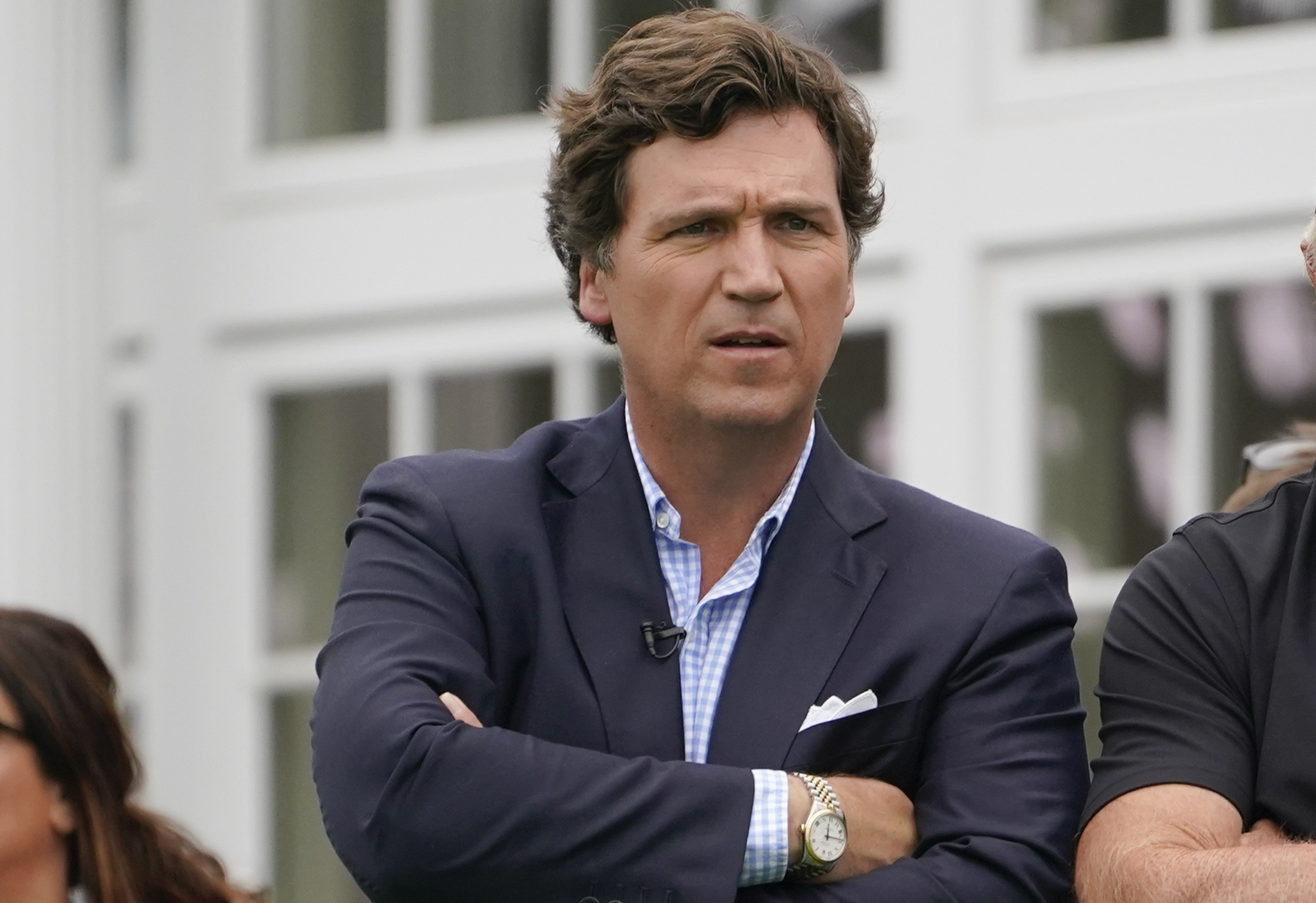 FILE - Tucker Carlson attends the final round of the Bedminster Invitational LIV Golf tournament in...