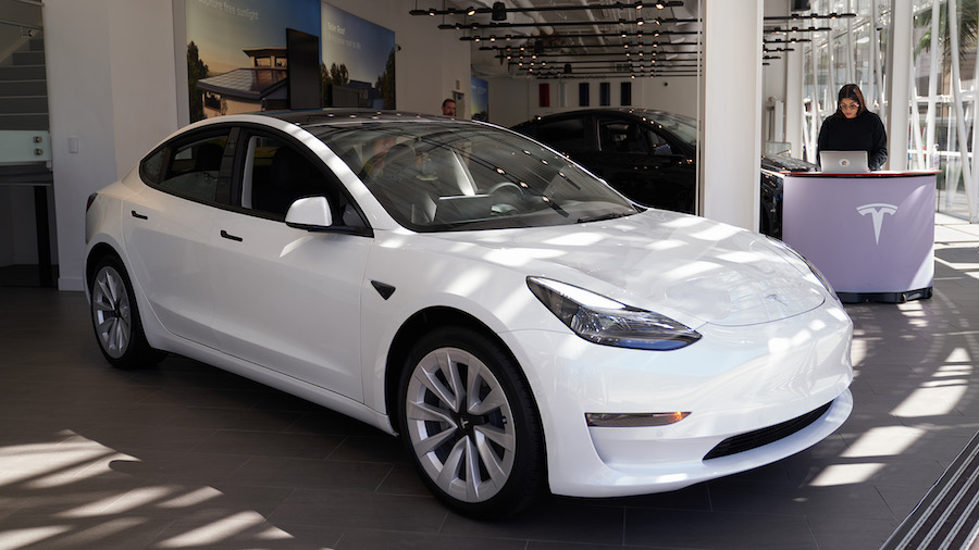 A Tesla Model 3 on display at the Tesla store in Santa Monica, California. The Model 3 is one of th...