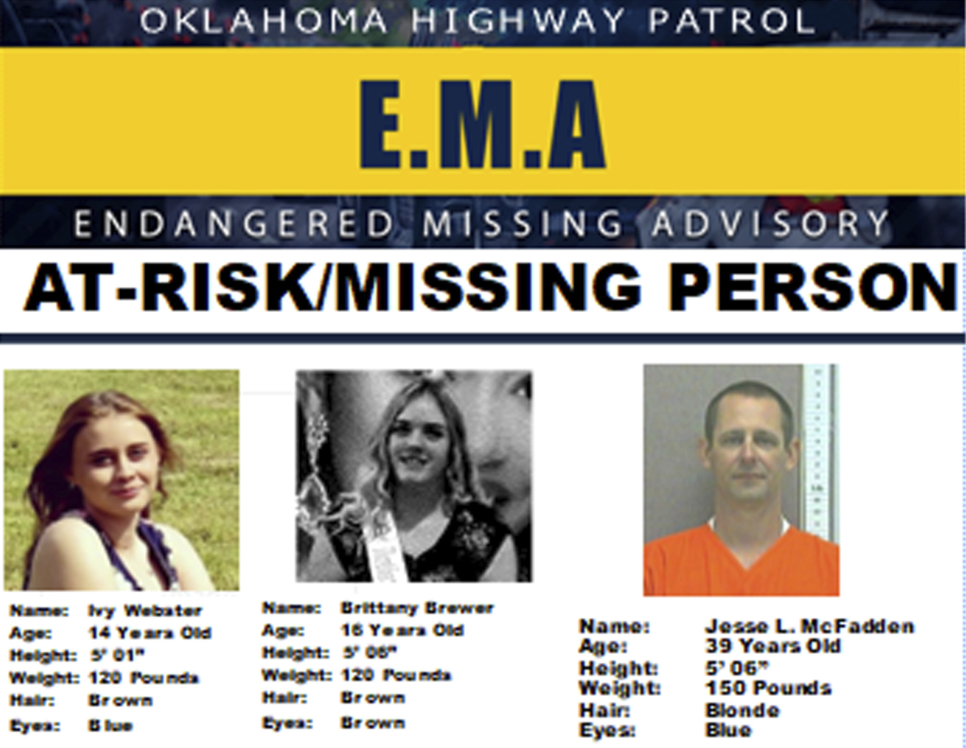 This missing poster provided by the Oklahoma Highway Patrol shows 14-year-old Ivy Webster, left, 16...