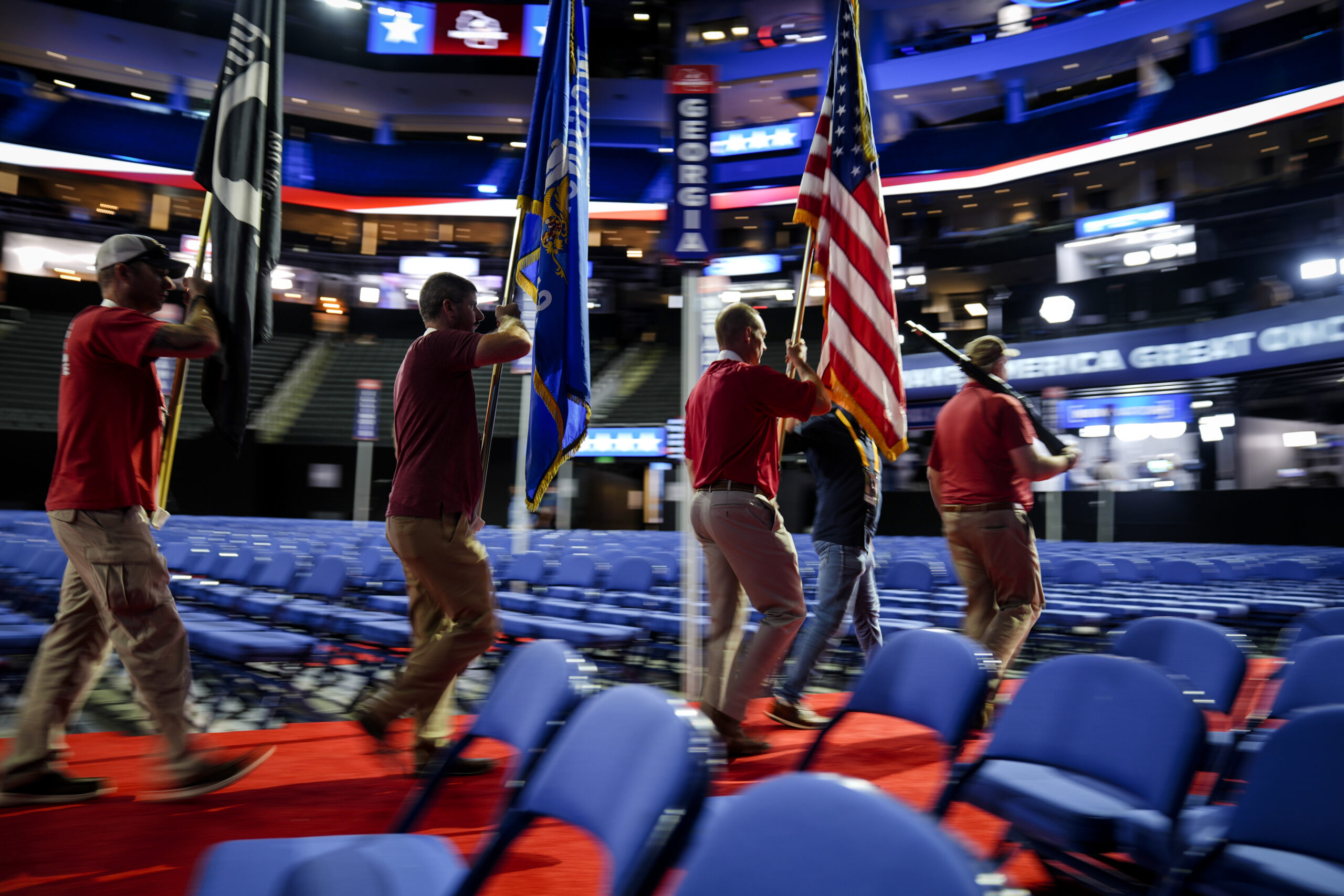 A color guard comprised of veterans rehearses ahead of the 2024 Republican National Convention, Sun...