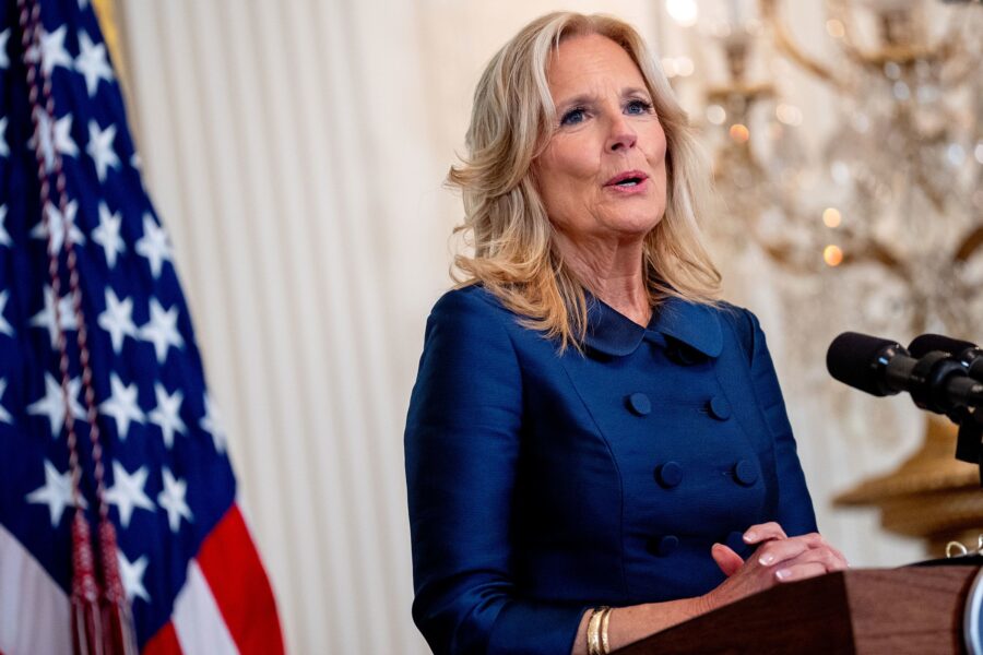 First lady Jill Biden speaks during a World War I remembrance event in the East Room of the White H...